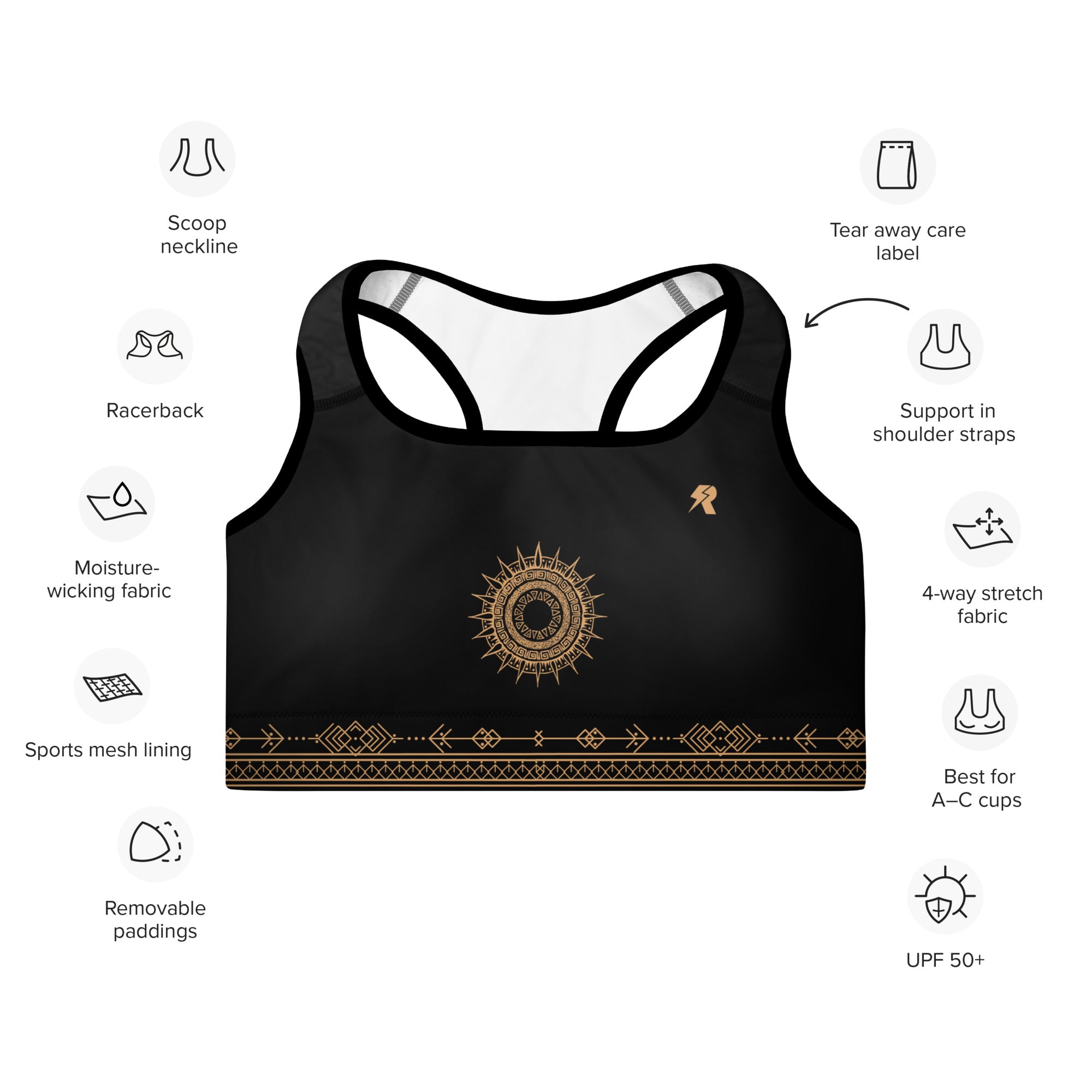 Boho Beautiful Black & Gold Print Sports Bra